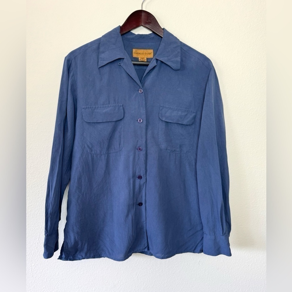 Classiques Entier Petites Silk Button Down Top Women Small Blue Long Sleeve Corp